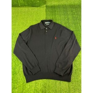 Polo Ralph Lauren Mens Black 100% Merino Wool Long Sleeve Polo Sweater Large LG